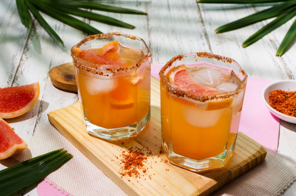 two cocktails decorated with red oranges on the wooden board