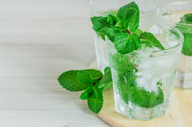 A clear glass with ice cubes and mint leaves